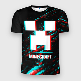 Мужская футболка 3D Slim с принтом Minecraft в стиле glitch и баги графики на темном фоне , 100% полиэстер с улучшенными характеристиками | приталенный силуэт, круглая горловина, широкие плечи, сужается к линии бедра | 