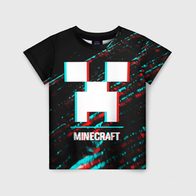 Детская футболка 3D с принтом Minecraft в стиле glitch и баги графики на темном фоне в Санкт-Петербурге, 100% гипоаллергенный полиэфир | прямой крой, круглый вырез горловины, длина до линии бедер, чуть спущенное плечо, ткань немного тянется | 
