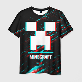 Мужская футболка 3D с принтом Minecraft в стиле glitch и баги графики на темном фоне в Санкт-Петербурге, 100% полиэфир | прямой крой, круглый вырез горловины, длина до линии бедер | Тематика изображения на принте: 