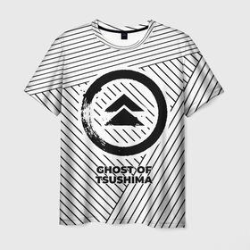 Мужская футболка 3D с принтом Символ Ghost of Tsushima на светлом фоне с полосами в Петрозаводске, 100% полиэфир | прямой крой, круглый вырез горловины, длина до линии бедер | 