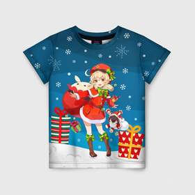 Детская футболка 3D с принтом Genshin Impact Кли новогодний в Петрозаводске, 100% гипоаллергенный полиэфир | прямой крой, круглый вырез горловины, длина до линии бедер, чуть спущенное плечо, ткань немного тянется | Тематика изображения на принте: 