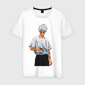 Мужская футболка хлопок с принтом Крутой Сатору Годжо в Новосибирске, 100% хлопок | прямой крой, круглый вырез горловины, длина до линии бедер, слегка спущенное плечо. | Тематика изображения на принте: 
