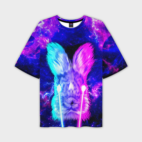 Мужская футболка OVERSIZE 3D с принтом Неоновый кролик стреляет лазерами из глаз в Кировске,  |  | Тематика изображения на принте: 