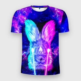 Мужская футболка 3D Slim с принтом Неоновый кролик стреляет лазерами из глаз в Кировске, 100% полиэстер с улучшенными характеристиками | приталенный силуэт, круглая горловина, широкие плечи, сужается к линии бедра | Тематика изображения на принте: 