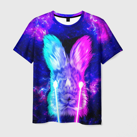 Мужская футболка 3D с принтом Неоновый кролик стреляет лазерами из глаз в Кировске, 100% полиэфир | прямой крой, круглый вырез горловины, длина до линии бедер | Тематика изображения на принте: 