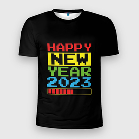 Мужская футболка 3D Slim с принтом Новый год 2023 загрузка в Тюмени, 100% полиэстер с улучшенными характеристиками | приталенный силуэт, круглая горловина, широкие плечи, сужается к линии бедра | Тематика изображения на принте: 