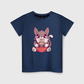 Детская футболка хлопок с принтом Каваи кот ест рамен , 100% хлопок | круглый вырез горловины, полуприлегающий силуэт, длина до линии бедер | Тематика изображения на принте: 
