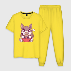 Мужская пижама хлопок с принтом Каваи кот ест рамен , 100% хлопок | брюки и футболка прямого кроя, без карманов, на брюках мягкая резинка на поясе и по низу штанин
 | 