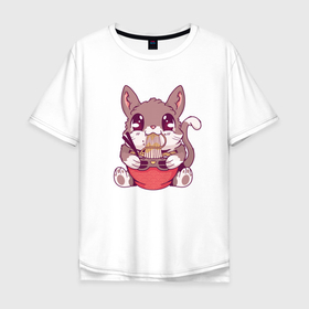 Мужская футболка хлопок Oversize с принтом Каваи кот ест рамен , 100% хлопок | свободный крой, круглый ворот, “спинка” длиннее передней части | 