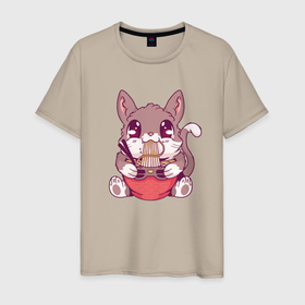 Мужская футболка хлопок с принтом Каваи кот ест рамен , 100% хлопок | прямой крой, круглый вырез горловины, длина до линии бедер, слегка спущенное плечо. | 