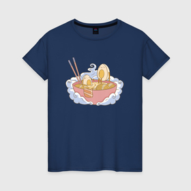 Женская футболка хлопок с принтом Каваи яйца в миске для рамена с лапшой в Санкт-Петербурге, 100% хлопок | прямой крой, круглый вырез горловины, длина до линии бедер, слегка спущенное плечо | 