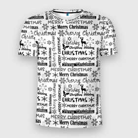 Мужская футболка 3D Slim с принтом Черно белый рождественский текстовый узор в Новосибирске, 100% полиэстер с улучшенными характеристиками | приталенный силуэт, круглая горловина, широкие плечи, сужается к линии бедра | 