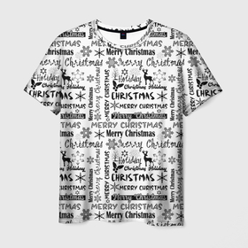 Мужская футболка 3D с принтом Черно белый рождественский текстовый узор в Новосибирске, 100% полиэфир | прямой крой, круглый вырез горловины, длина до линии бедер | 