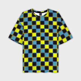 Мужская футболка OVERSIZE 3D с принтом Желто синий клетчатый  яркий неоновый узор в Екатеринбурге,  |  | Тематика изображения на принте: 