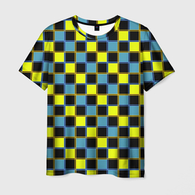 Мужская футболка 3D с принтом Желто синий клетчатый  яркий неоновый узор в Екатеринбурге, 100% полиэфир | прямой крой, круглый вырез горловины, длина до линии бедер | Тематика изображения на принте: 