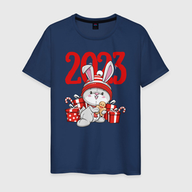 Мужская футболка хлопок с принтом Зайка в подарках  2023 в Кировске, 100% хлопок | прямой крой, круглый вырез горловины, длина до линии бедер, слегка спущенное плечо. | 