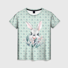 Женская футболка 3D с принтом Кролик  в  цветах в Белгороде, 100% полиэфир ( синтетическое хлопкоподобное полотно) | прямой крой, круглый вырез горловины, длина до линии бедер | 
