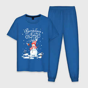 Мужская пижама хлопок с принтом Новогодний снеговик в Тюмени, 100% хлопок | брюки и футболка прямого кроя, без карманов, на брюках мягкая резинка на поясе и по низу штанин
 | 