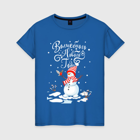 Женская футболка хлопок с принтом Новогодний снеговик в Петрозаводске, 100% хлопок | прямой крой, круглый вырез горловины, длина до линии бедер, слегка спущенное плечо | 