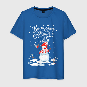 Мужская футболка хлопок с принтом Новогодний снеговик в Екатеринбурге, 100% хлопок | прямой крой, круглый вырез горловины, длина до линии бедер, слегка спущенное плечо. | Тематика изображения на принте: 