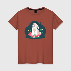 Женская футболка хлопок с принтом Кролик  в цветах в Екатеринбурге, 100% хлопок | прямой крой, круглый вырез горловины, длина до линии бедер, слегка спущенное плечо | 