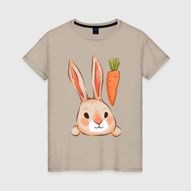 Женская футболка хлопок с принтом Заяц  с  морковкой в Курске, 100% хлопок | прямой крой, круглый вырез горловины, длина до линии бедер, слегка спущенное плечо | 