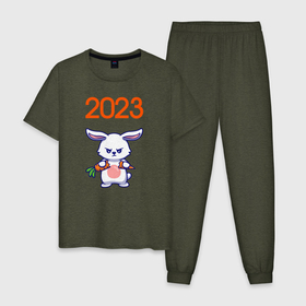 Мужская пижама хлопок с принтом Злой заяц ломает морковку в Екатеринбурге, 100% хлопок | брюки и футболка прямого кроя, без карманов, на брюках мягкая резинка на поясе и по низу штанин
 | 