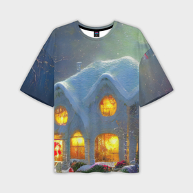 Мужская футболка OVERSIZE 3D с принтом Сказочный зимний домик, покрытый снегом ,  |  | Тематика изображения на принте: 
