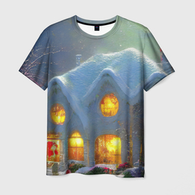 Мужская футболка 3D с принтом Сказочный зимний домик, покрытый снегом в Санкт-Петербурге, 100% полиэфир | прямой крой, круглый вырез горловины, длина до линии бедер | Тематика изображения на принте: 