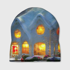 Шапка 3D с принтом Сказочный зимний домик, покрытый снегом , 100% полиэстер | универсальный размер, печать по всей поверхности изделия | 
