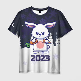 Мужская футболка 3D с принтом Зайчик ломает морковку 2023 , 100% полиэфир | прямой крой, круглый вырез горловины, длина до линии бедер | Тематика изображения на принте: 