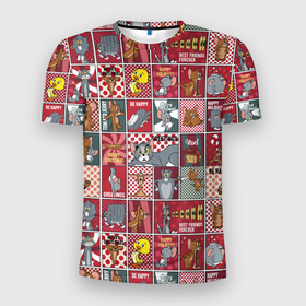Мужская футболка 3D Slim с принтом Новогодний паттерн Том и Джерри в Новосибирске, 100% полиэстер с улучшенными характеристиками | приталенный силуэт, круглая горловина, широкие плечи, сужается к линии бедра | Тематика изображения на принте: 