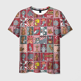 Мужская футболка 3D с принтом Новогодний паттерн Том и Джерри в Новосибирске, 100% полиэфир | прямой крой, круглый вырез горловины, длина до линии бедер | Тематика изображения на принте: 