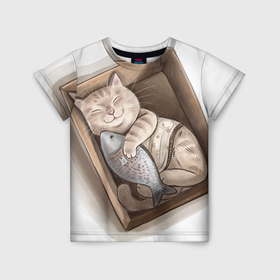 Детская футболка 3D с принтом Кот и любимая рыба в Кировске, 100% гипоаллергенный полиэфир | прямой крой, круглый вырез горловины, длина до линии бедер, чуть спущенное плечо, ткань немного тянется | 