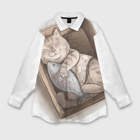 Мужская рубашка oversize 3D с принтом Кот и любимая рыба в Курске,  |  | Тематика изображения на принте: 