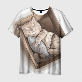 Мужская футболка 3D с принтом Кот и любимая рыба в Кировске, 100% полиэфир | прямой крой, круглый вырез горловины, длина до линии бедер | 