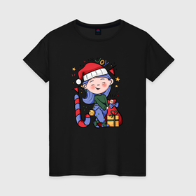 Женская футболка хлопок с принтом Девочка с подарками на Новый год в Екатеринбурге, 100% хлопок | прямой крой, круглый вырез горловины, длина до линии бедер, слегка спущенное плечо | 