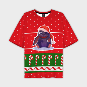 Мужская футболка OVERSIZE 3D с принтом Красный новогодний свитер   кролик ,  |  | 
