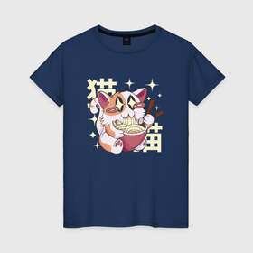 Женская футболка хлопок с принтом Каваи кот и рамен в Курске, 100% хлопок | прямой крой, круглый вырез горловины, длина до линии бедер, слегка спущенное плечо | 