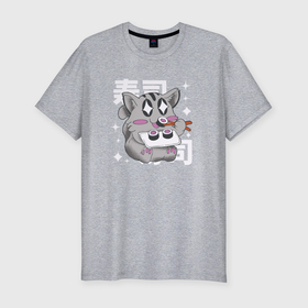 Мужская футболка хлопок Slim с принтом Каваи кот есть суши в Кировске, 92% хлопок, 8% лайкра | приталенный силуэт, круглый вырез ворота, длина до линии бедра, короткий рукав | 
