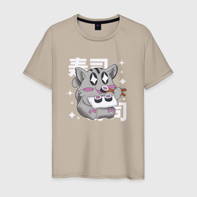 Мужская футболка хлопок с принтом Каваи кот есть суши в Петрозаводске, 100% хлопок | прямой крой, круглый вырез горловины, длина до линии бедер, слегка спущенное плечо. | Тематика изображения на принте: 
