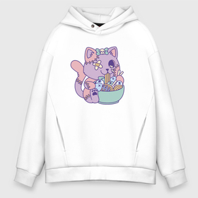 Мужское худи Oversize хлопок с принтом Kawaii жуткий кот и рамен в городе Новоалтайск, френч-терри — 70% хлопок, 30% полиэстер. Мягкий теплый начес внутри —100% хлопок | боковые карманы, эластичные манжеты и нижняя кромка, капюшон на магнитной кнопке | 