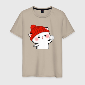 Мужская футболка хлопок с принтом Игра в снежки   белый котик в Екатеринбурге, 100% хлопок | прямой крой, круглый вырез горловины, длина до линии бедер, слегка спущенное плечо. | 