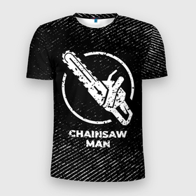 Мужская футболка 3D Slim с принтом Chainsaw Man с потертостями на темном фоне в Курске, 100% полиэстер с улучшенными характеристиками | приталенный силуэт, круглая горловина, широкие плечи, сужается к линии бедра | 