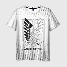 Мужская футболка 3D с принтом Attack on Titan с потертостями на светлом фоне , 100% полиэфир | прямой крой, круглый вырез горловины, длина до линии бедер | 