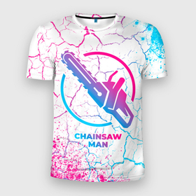 Мужская футболка 3D Slim с принтом Chainsaw Man neon gradient style в Курске, 100% полиэстер с улучшенными характеристиками | приталенный силуэт, круглая горловина, широкие плечи, сужается к линии бедра | 