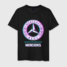 Мужская футболка хлопок с принтом Значок Mercedes в стиле glitch , 100% хлопок | прямой крой, круглый вырез горловины, длина до линии бедер, слегка спущенное плечо. | 