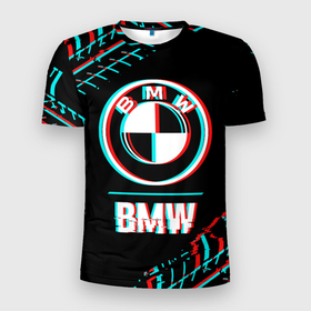 Мужская футболка 3D Slim с принтом Значок BMW в стиле glitch на темном фоне в Курске, 100% полиэстер с улучшенными характеристиками | приталенный силуэт, круглая горловина, широкие плечи, сужается к линии бедра | 
