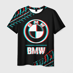 Мужская футболка 3D с принтом Значок BMW в стиле glitch на темном фоне в Курске, 100% полиэфир | прямой крой, круглый вырез горловины, длина до линии бедер | Тематика изображения на принте: 