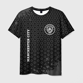 Мужская футболка 3D с принтом Manchester City sport на темном фоне: надпись, символ в Тюмени, 100% полиэфир | прямой крой, круглый вырез горловины, длина до линии бедер | Тематика изображения на принте: 